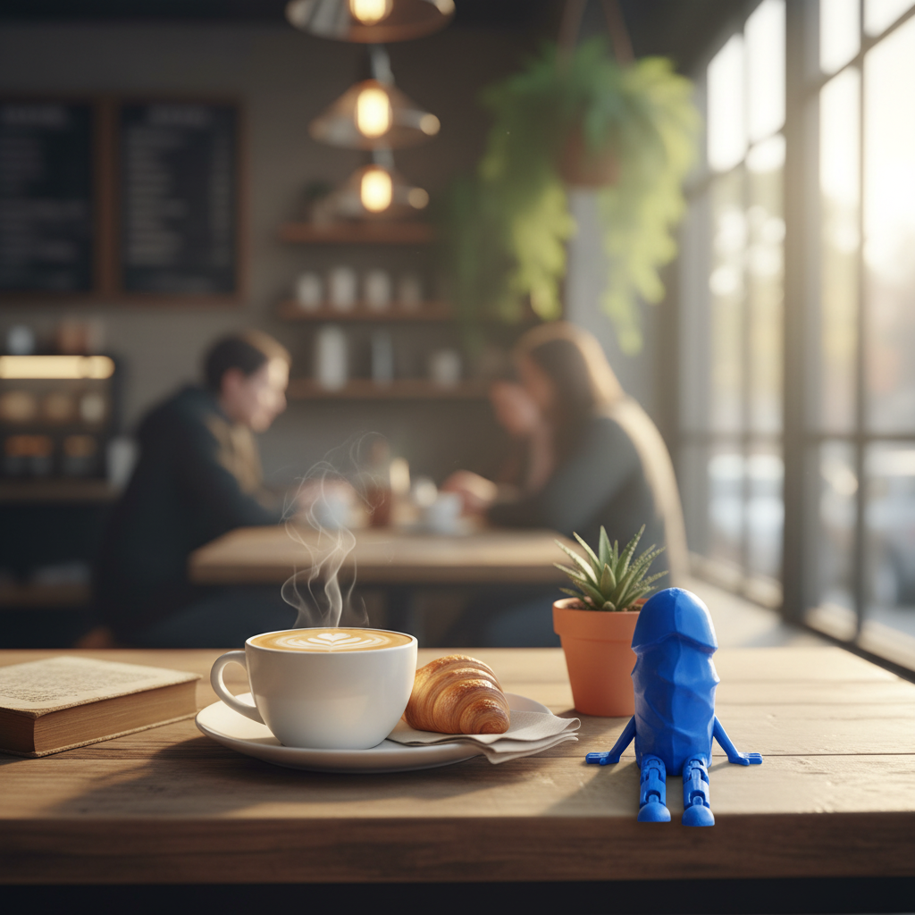 Blue Buddy in Cozy Cafe