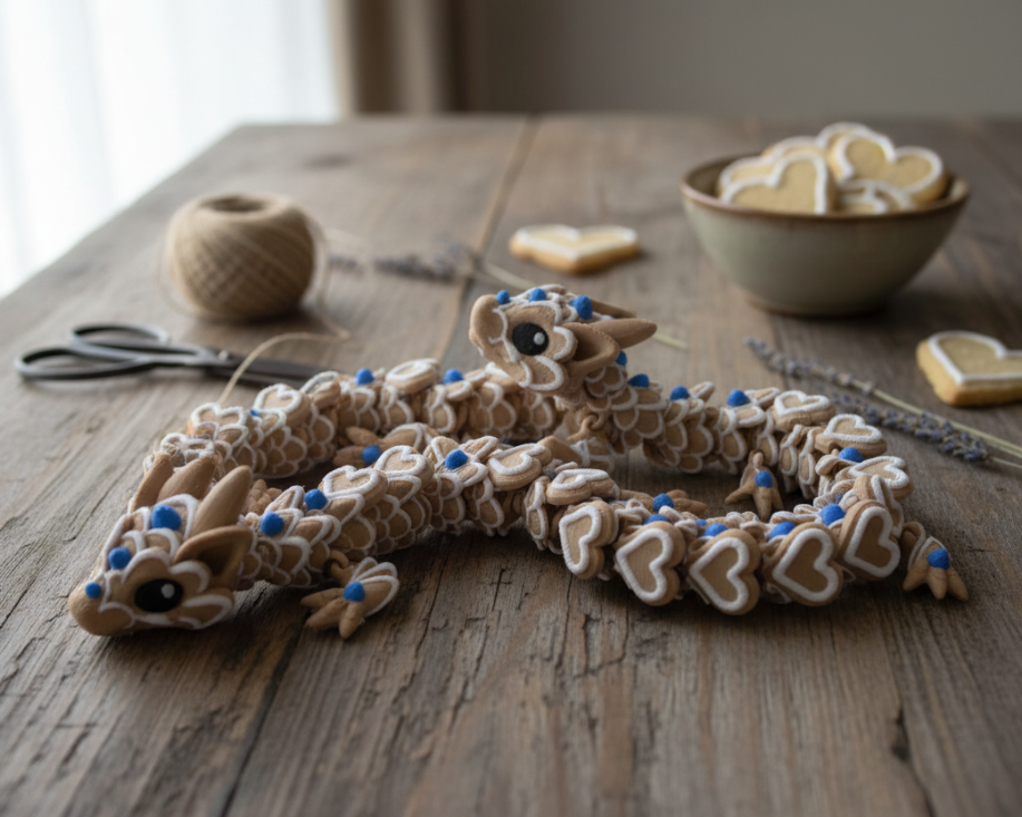 Heart Cookie Tadling Articulated Dragon in a warm, inviting craft setting